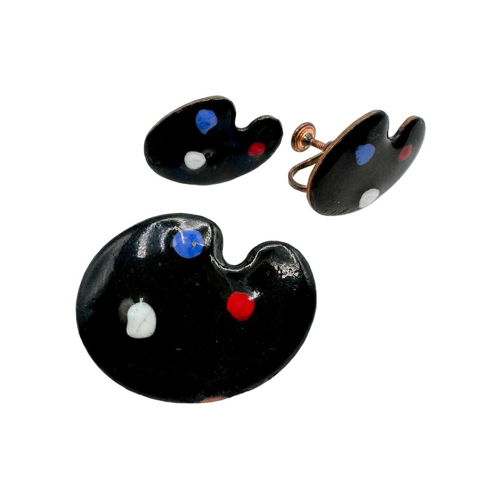 Vintage Artist Paint Palette Brooch Screw Back Earrings Set Enamel Copper MCM